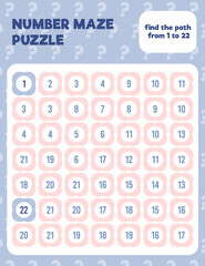 Wall Mural - Math number maze puzzle. Prinatble math worksheet page. Easy colorful math worksheet practice for kids in preschool, elementary and middle school.