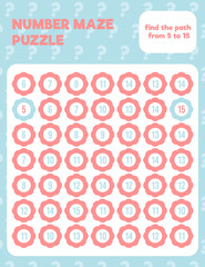 Wall Mural - Math number maze puzzle. Prinatble math worksheet page. Easy colorful math worksheet practice for kids in preschool, elementary and middle school.