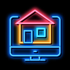 Sticker - house on computer display neon light sign vector. Glowing bright icon house on computer display sign. transparent symbol illustration