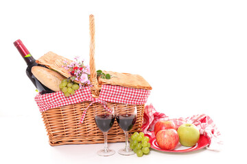 Wall Mural - picnic with bread, wine, cheese and fruits