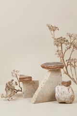 abstract nature scene with composition of stones and dry flowers. neutral beige background for cosme