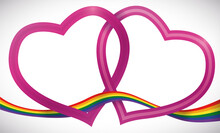 Pink Tangled Hearts With Rainbow Ribbon Celebrating Love During Pride, Vector Illustration