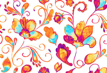 Paisley watercolor floral pattern tile with flowers, flores, tulips, leaves. Oriental traditional hand painted water color whimsical seamless print for ceramic design. Abstract indian batik background