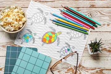 Poster - Composition with coloring picture on light wooden table