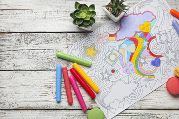 Poster - Composition with coloring picture on light wooden table