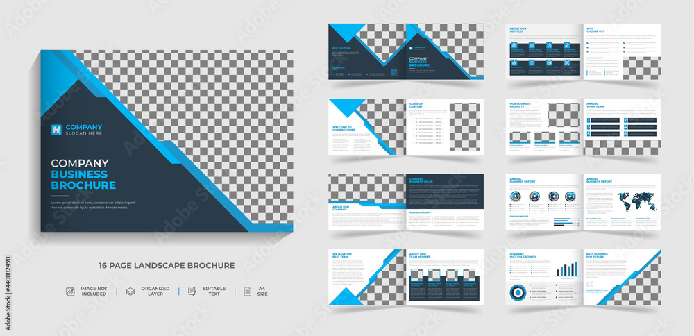 Corporate modern bi fold landscape brochure template and company profile with blue and black creative shapes annual report design ,Multipurpose template - obrazy, fototapety, plakaty 