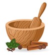 A wooden mortar and pestle. Tool for grinding and kneading.  Kitchen. Cooking. Health & Medicine. Vector. Close-up.
