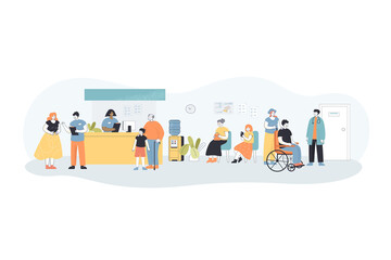 Wall Mural - patients waiting in line at hospital reception. medical office queue in hall, clinic interior flat v