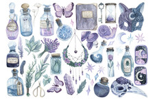 Watercolor Clip-art With Mystical Items, Ingredients, Herbs, Potion Bottles And Stars. Hand Drawn Set Of Illustrations For Decoration, Stickers, Design, Scrapbooking, Stationery, Postcards, Etc.