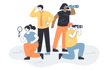 Wall Mural - Business team looking for new people. Allegory for searching ideas or staff, woman with magnifier, man with spyglass flat vector illustration. HR, development concept for banner, website design
