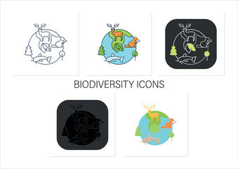 Wall Mural - Biodiversity icons set.Variety,life variability on Earth. Different animals,plants kinds. Underwater ecosystem.Collection of icons in linear, filled, color styles.Isolated vector illustrations