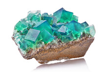 Amazing Macro Closeup Of Green Blue Rare Fluorite Mineral Specimen Isolated On White Background. Rare Double Color Mineral Gem Stone (fluorspar) From Rogerley In England. Natural Cubic Crystals