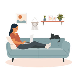 Wall Mural - Young woman looking into a laptop and lying on sofa in the living room. Vector flat style illustration