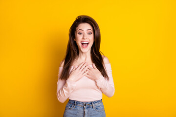 Poster - Photo of cute impressed young woman dressed off-shoulders sweater smiling pointing arms herself isolated yellow color background