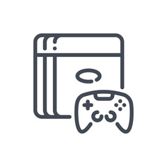 Poster - Game station with joystick line icon. Video game console with controller vector outline sign.