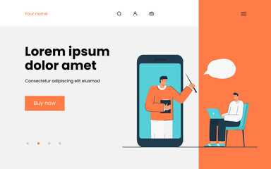 Wall Mural - young man studying online. flat vector illustration. tiny teacher in giant smartphone giving lesson 