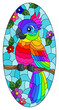 Illustration in stained glass style with a bright cartoon parrot on a background of flowers and blue sky, oval image