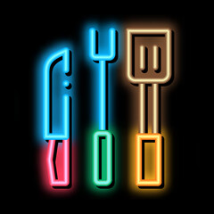 Poster - bbq utensil neon light sign vector. Glowing bright icon bbq utensil sign. transparent symbol illustration