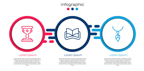 Set line Medieval goblet, Ancient magic book and Necklace with crystal. Business infographic template. Vector
