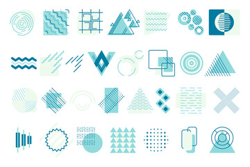 Wall Mural - Large isolated vector geometric shapes. Various round, square and triangular abstract forms. Elements of zigzags, lines and dots for the background.