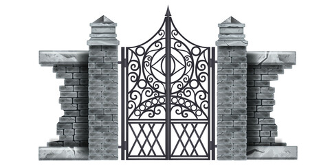 Iron wrought gothic metal gate, stone column, brick wall, decorated steel vector mansion entrance. Antique vintage architecture object, facade black Victorian grate. Classic iron gate illustration