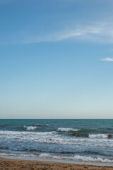  Seascape. Natural background. The sea with waves in daylight.