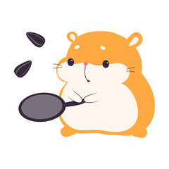 Poster - Cute Hamster Frying Seeds in Frying Pan, Adorable Funny Pet Animal Character Cartoon Vector Illustration