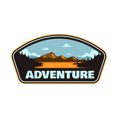adventures outdoor mountain and lake environtment, national park badge patch emblem logo vintage ill