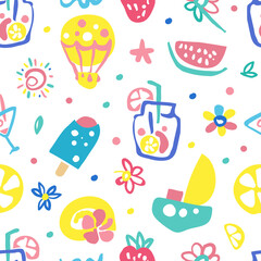 Poster - Summer Symbols Seamless Pattern, Happy Holidays Background, Banner, Wallpaper, Textile, Packaging Design Vector Illustration