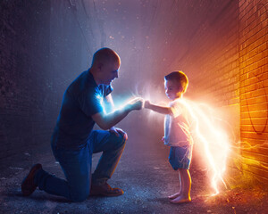 Father and child being superheroes