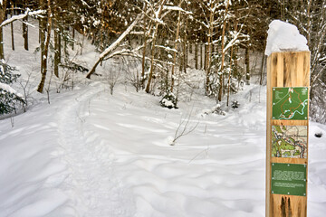 Wall Mural - Directional sign with some information and hiking route map. 