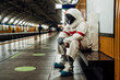 © Eugenio Marongiu/Westend61 - Male astronaut sitting on bench at railway platform