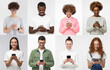 © Damir Khabirov - Phone people set. Group of smiling diverse men and women texting with smartphones