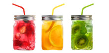 Bright Colorful Refreshing Summer Drinks In Glass Jars With Lid And Straws Isolated On A White Background