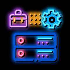 Poster - business case gear and cards neon light sign vector. Glowing bright icon business case gear and cards sign. transparent symbol illustration