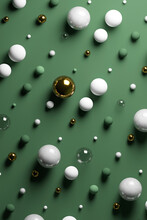 Gold, Glass, Marble Spheres Against Pastel Green Background