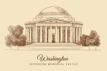 Sketch of the Jefferson Memorial, Washington, USA, hand-drawn.