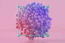 Three Dimensional Render Of Purple Spheres Floating Inside Cubic Frame