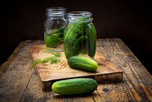 Pickled Gherkins In Jar With Mustard Seeds And Dill