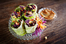 Cabbage Rolls With Black Rice, Sesame Seeds, Carrot And Red Cabbage