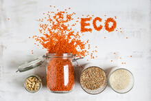 Variation Of Dried Food With Eco Text On Textured Background