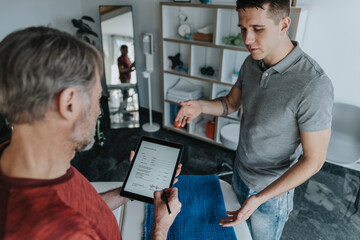 Male physiotherapist gesturing while patient signing on form in practice