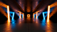 Three Dimensional Render Of Dark Futuristic Corridor Illuminated By Blue And Orange Neon Lights