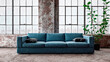 © PRLL Design/Westend61 - Three dimensional render of modern sofa standing in front of windows inside industrial loft