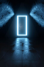 Three Dimensional Render Of Blue Rectangular Gate Glowing At End Of Dark Empty Interior