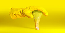 Protective Glove Holding Genetically Modified Pear Into Banana
