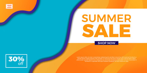 Wall Mural - Summer sale offer banner template social media promotion with wave yellow background color