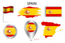 3d Button With Colorful Flag Pin Set Spain. Destination Icon. Map Pin Icon. Vector Illustration. Stock Image.
