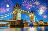 Fototapeta Londyn - Tower Bridge with fireworks in London, UK