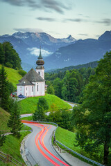 Poster - Maria Gern church at dusk with famous Watzmann summit in the background Berchtesgadener Land, Bavaria, Germany